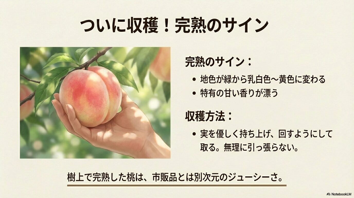 桃の収穫適期を見極める完熟サイン（地色の変化、香り）と、果実を傷つけない正しい収穫の手順。