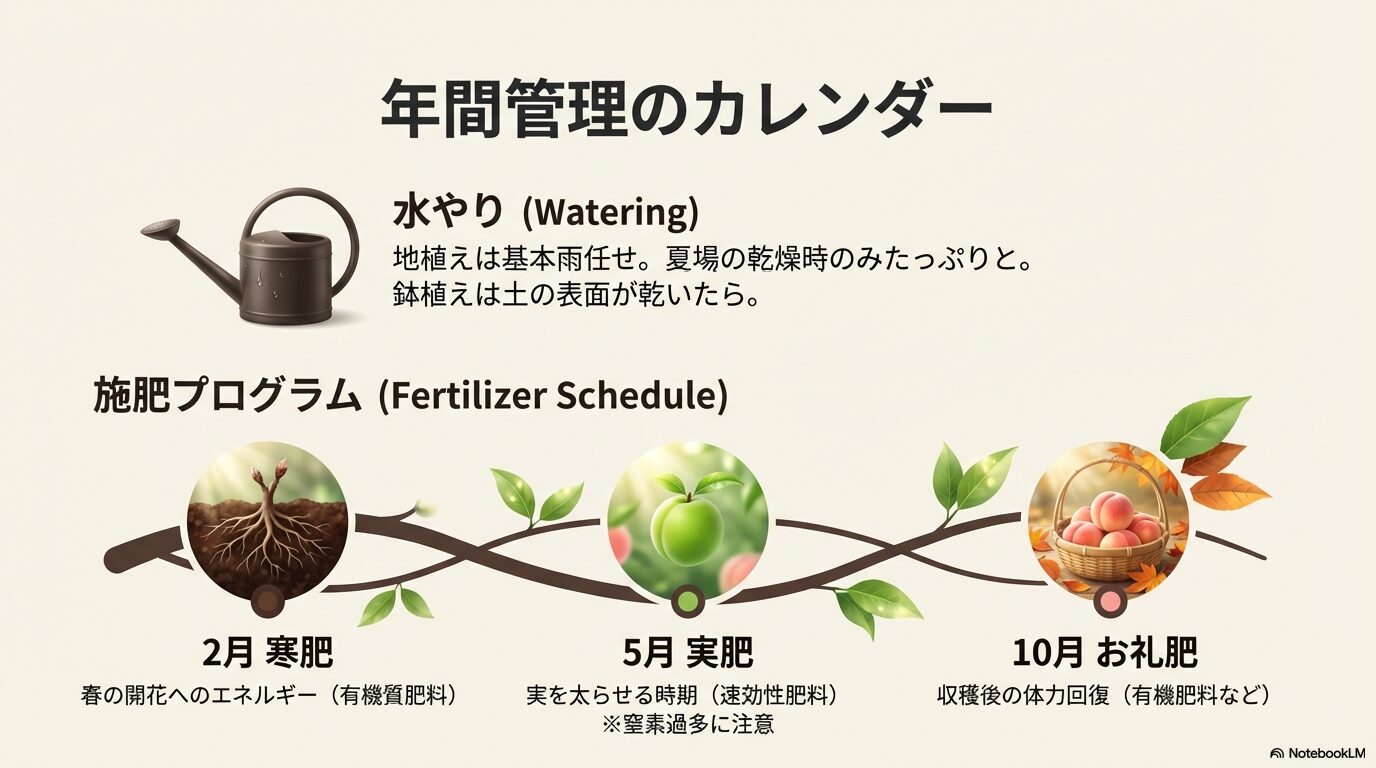桃の木の年間栽培スケジュール。水やりの頻度と、2月・5月・10月の施肥プログラムの解説。