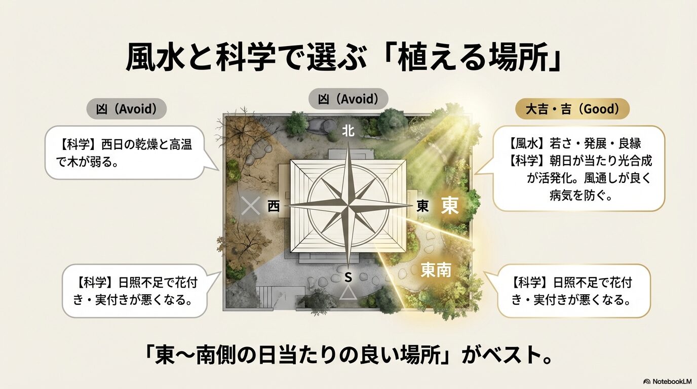 桃の木を植える際の方角による風水的な意味（吉凶）と、日当たりなどの科学的条件を解説した図。