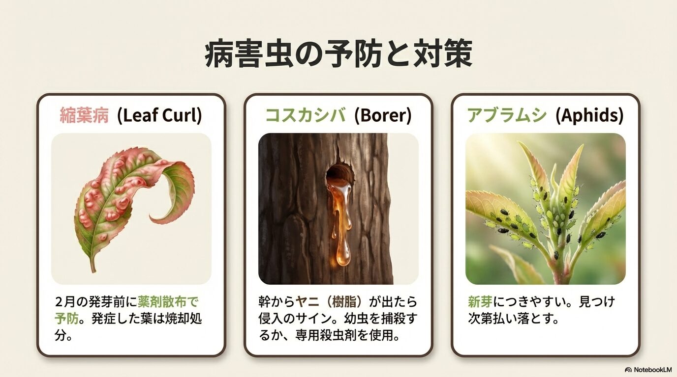 桃の木に発生しやすい縮葉病、コスカシバ、アブラムシの特徴と予防・駆除方法の解説。