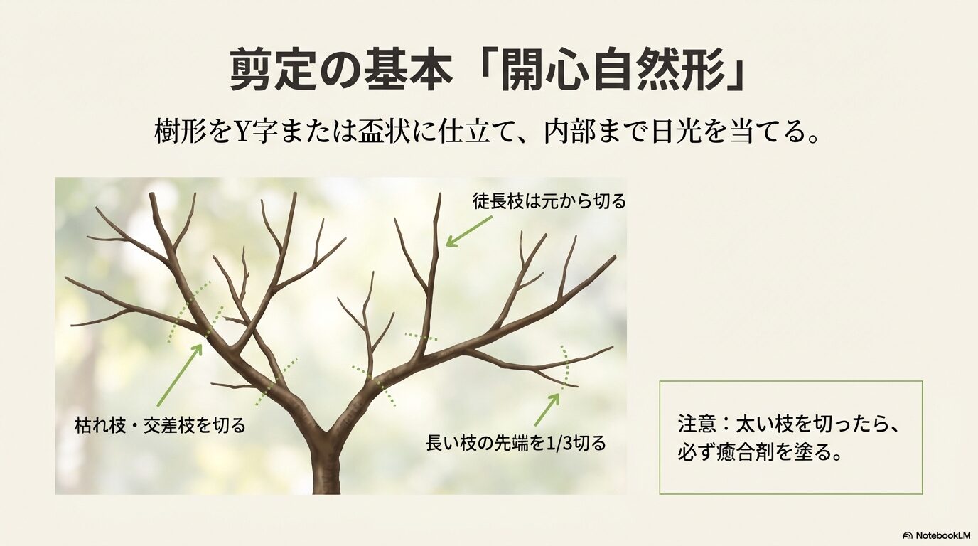 桃の木の基本的な樹形「開心自然形」の剪定図解。徒長枝や交差枝の切り方と、日光を内部に入れるための枝の配置。