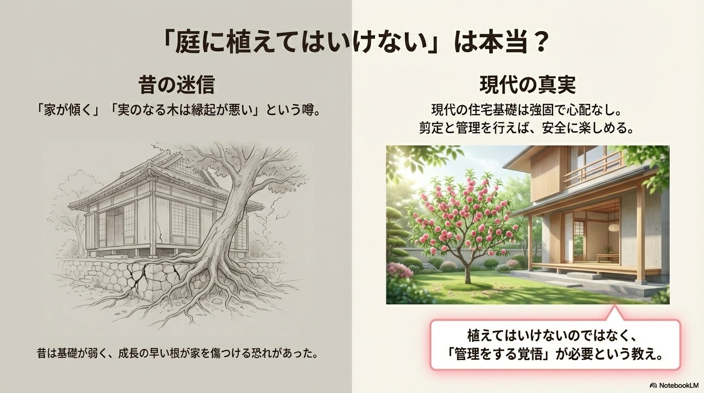桃の木を庭に植えてはいけないという迷信の理由と、現代住宅における安全性についての解説スライド。