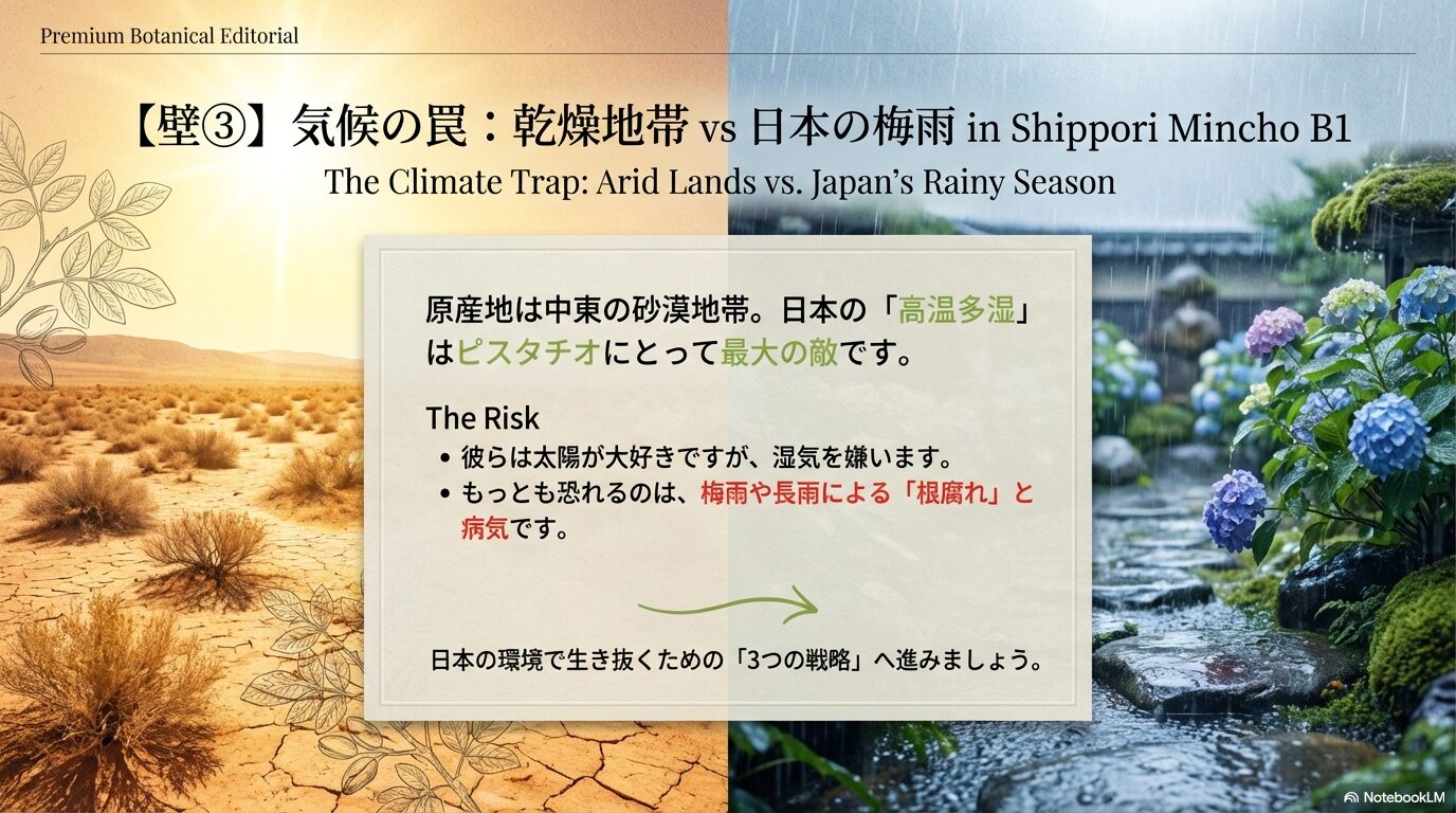 乾燥地帯原産のピスタチオと日本の高温多湿な気候の比較図