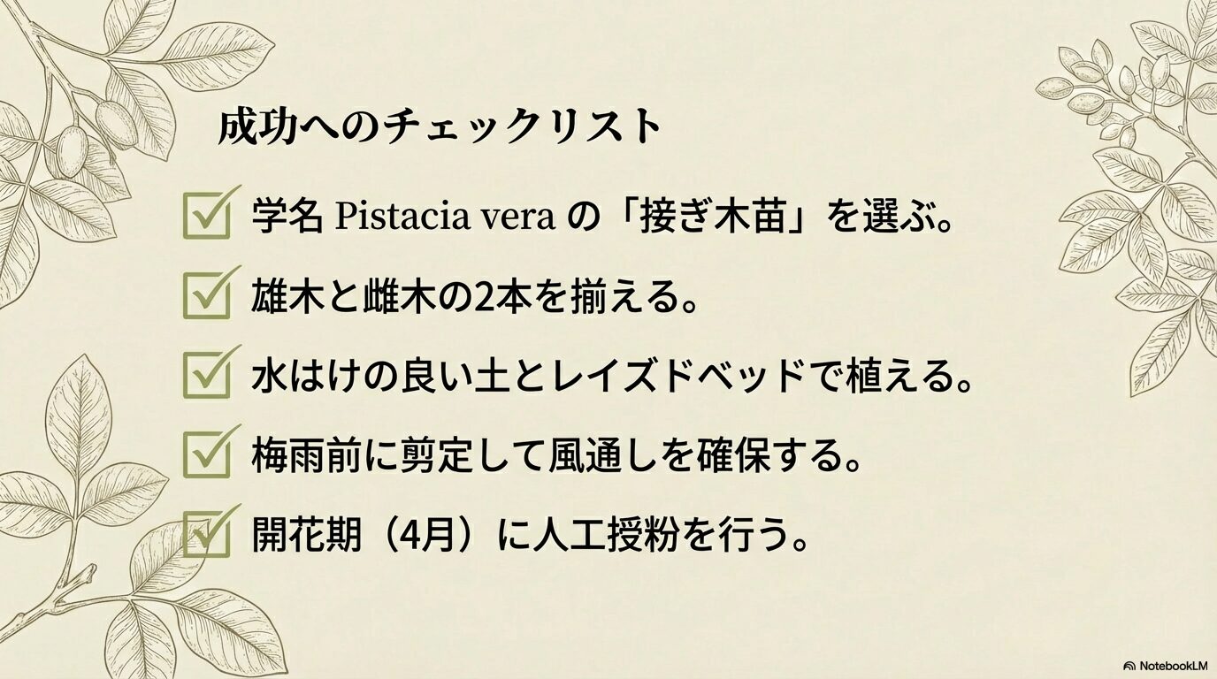 ピスタチオ栽培を成功させるための苗選びと管理の重要チェックリスト