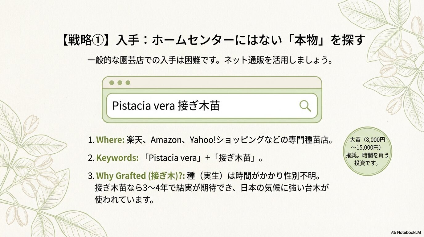 ネット通販でのピスタチオ接ぎ木苗の探し方と推奨される検索キーワード