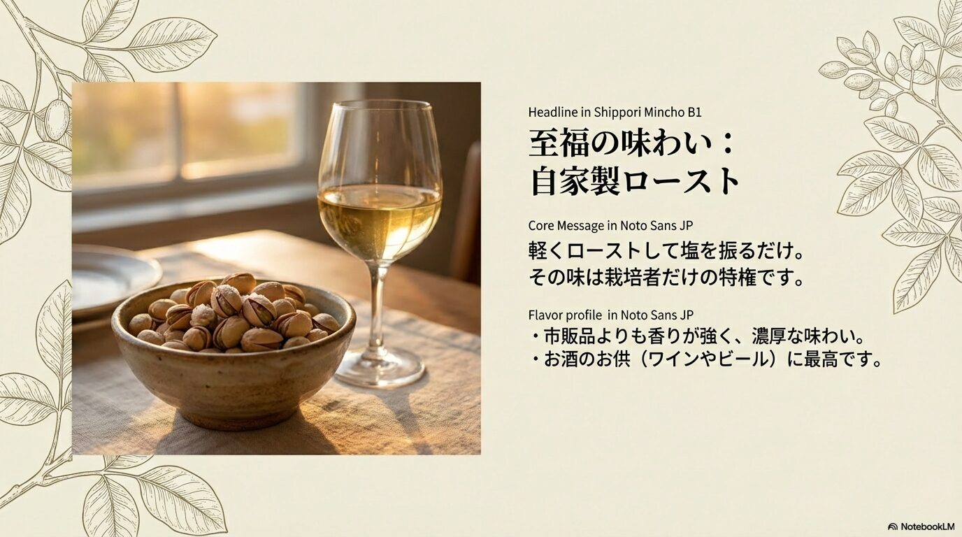 自家製ローストピスタチオと白ワインの組み合わせイメージ