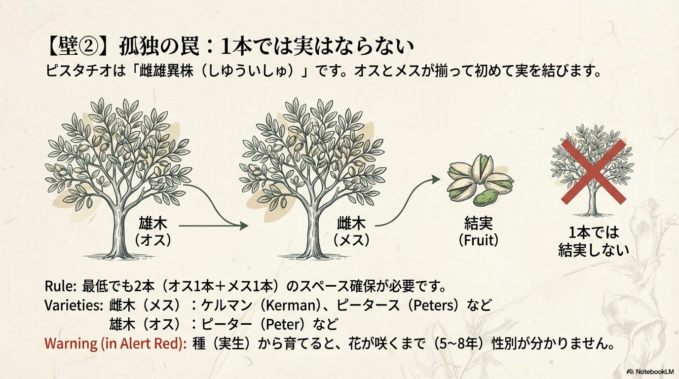 ピスタチオは雌雄異株。結実にはオス木とメス木の2本が必要な仕組みのイラスト