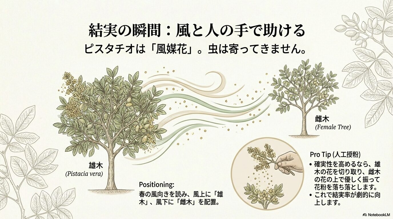 ピスタチオの受粉方法。風媒花の特性と人工授粉のやり方イラスト解説