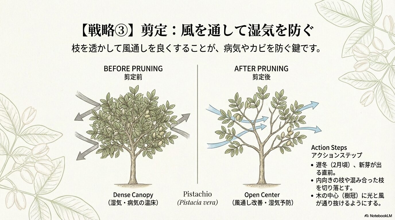 湿気対策のためのピスタチオの剪定方法。風通しを良くする枝の透かし方ビフォーアフター