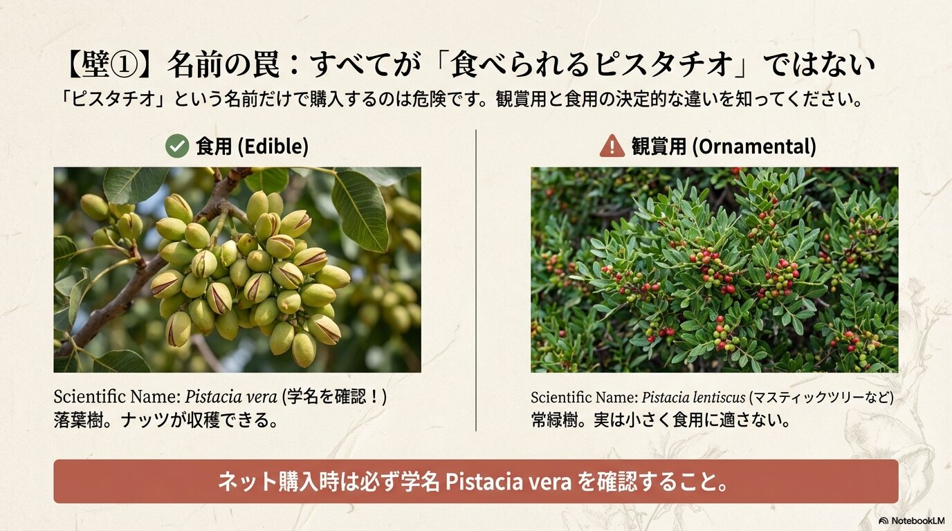 食用のピスタチオ(Pistacia vera)と観賞用のマスティックツリーの違い比較図