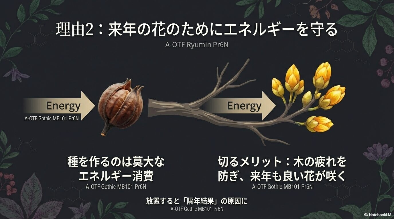 種を作るためのエネルギー消費と、剪定による翌年の花つき改善効果の図。