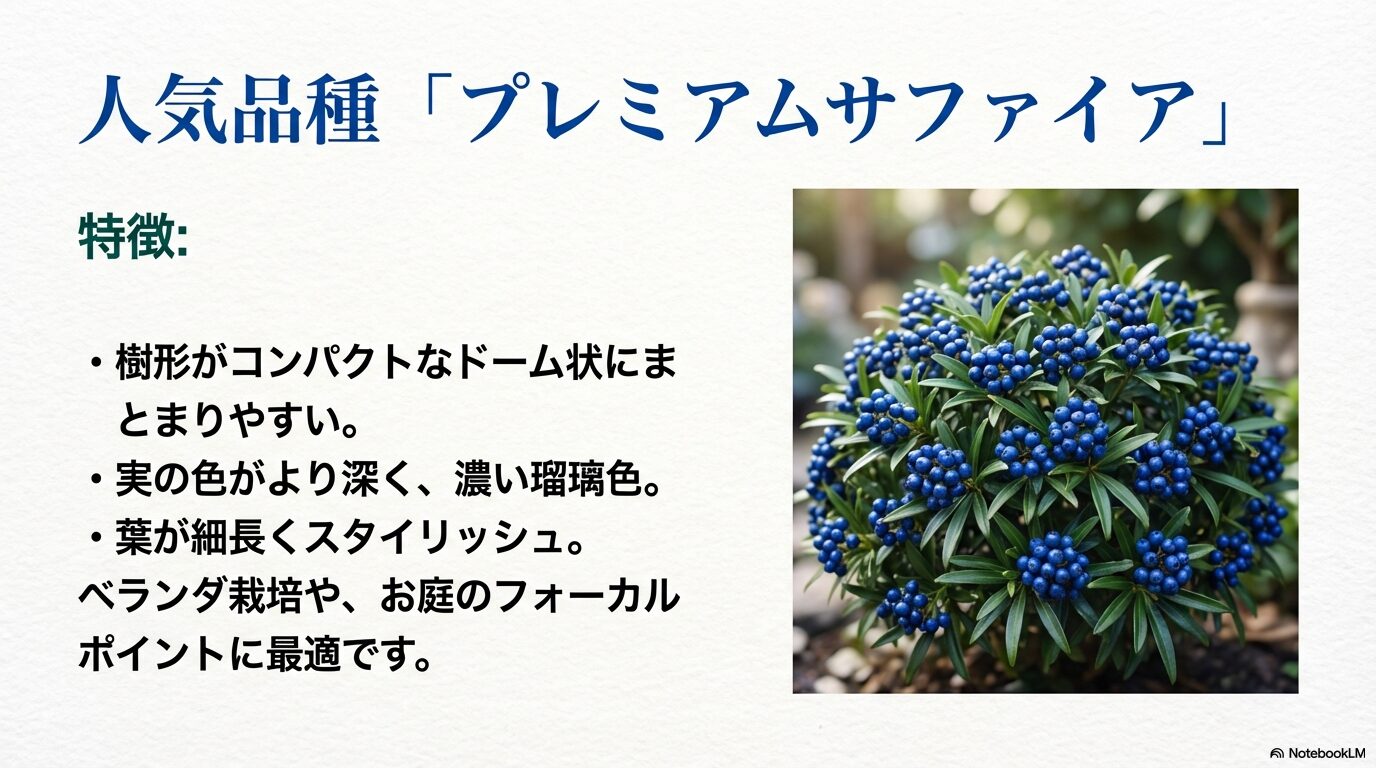 コンパクトなドーム状の樹形にまとまりやすく、実がより深く濃い瑠璃色になる品種「プレミアムサファイア」