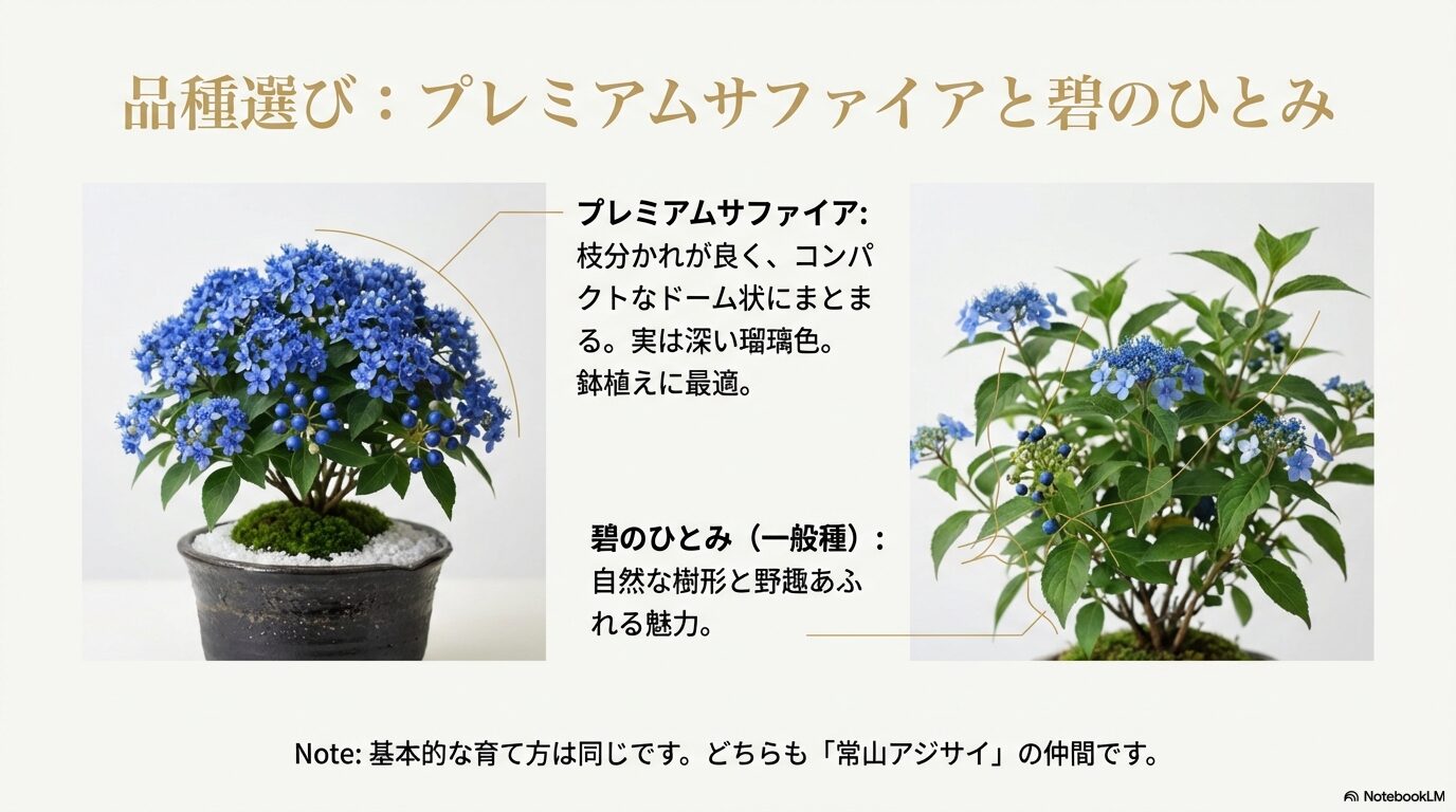 樹形がコンパクトにまとまるプレミアムサファイアと、野趣あふれる一般種「碧のひとみ」の品種比較