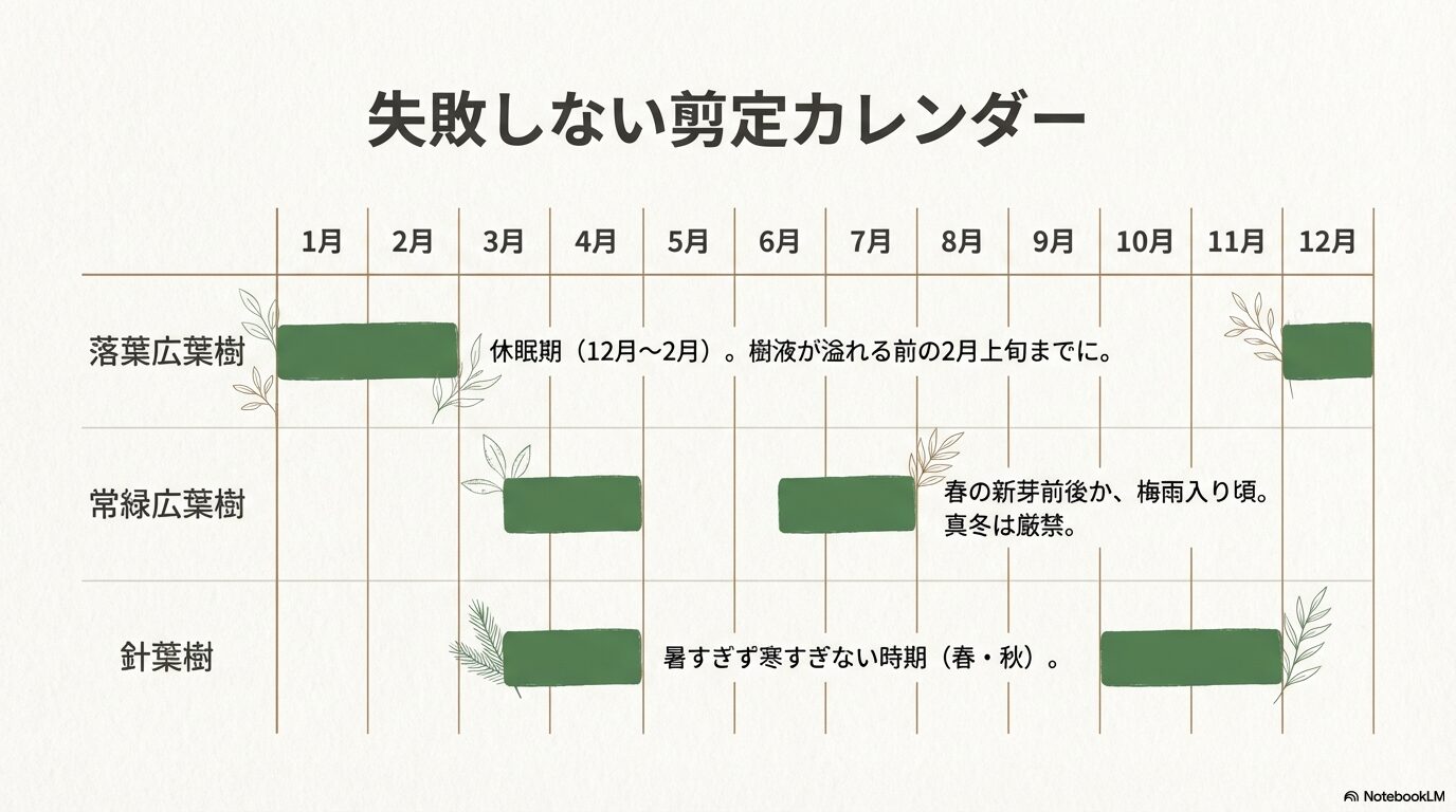 落葉樹・常緑樹・針葉樹別の失敗しない庭木剪定カレンダー