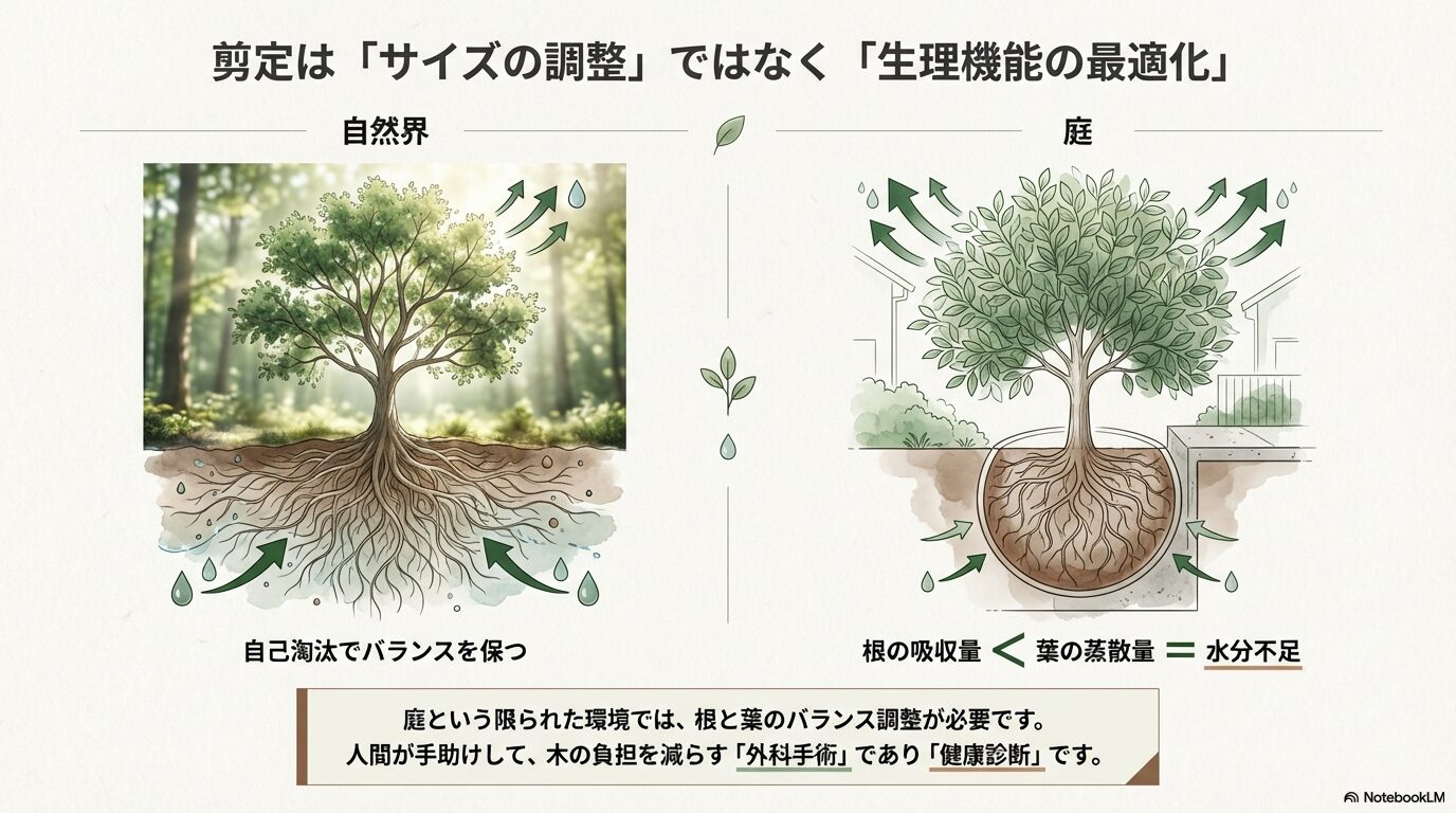 庭木剪定における生理機能の最適化と根と葉のバランス調整のメカニズム図解