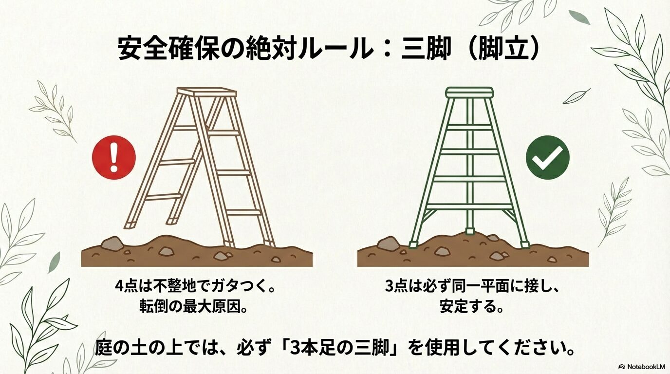 庭木剪定の安全確保ルール・3本足の三脚脚立を使用すべき理由