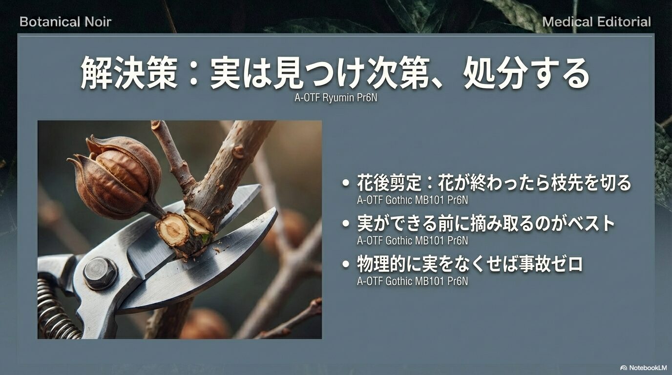 解決策:実は見つけ次第処分する。花後剪定で枝先を切るイメージ。