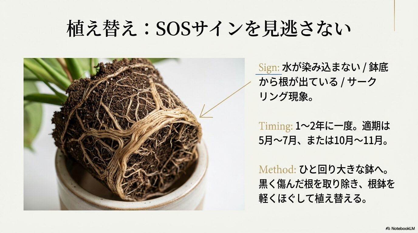 鉢底から根が出るサークリング現象など植え替えのSOSサインと、5月〜7月または秋に行う植え替えの手順