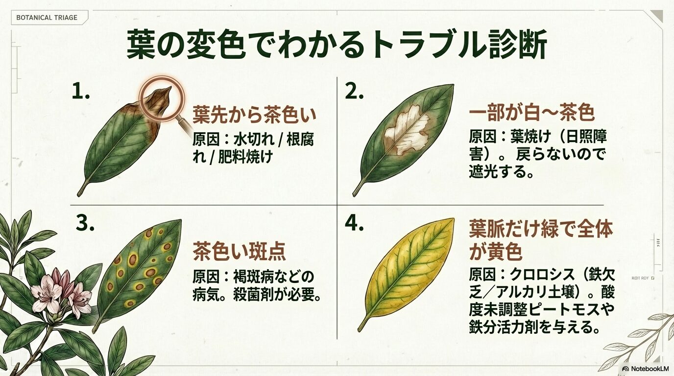 シャクナゲの葉の変色（茶色・斑点・白抜け）によるトラブル診断表