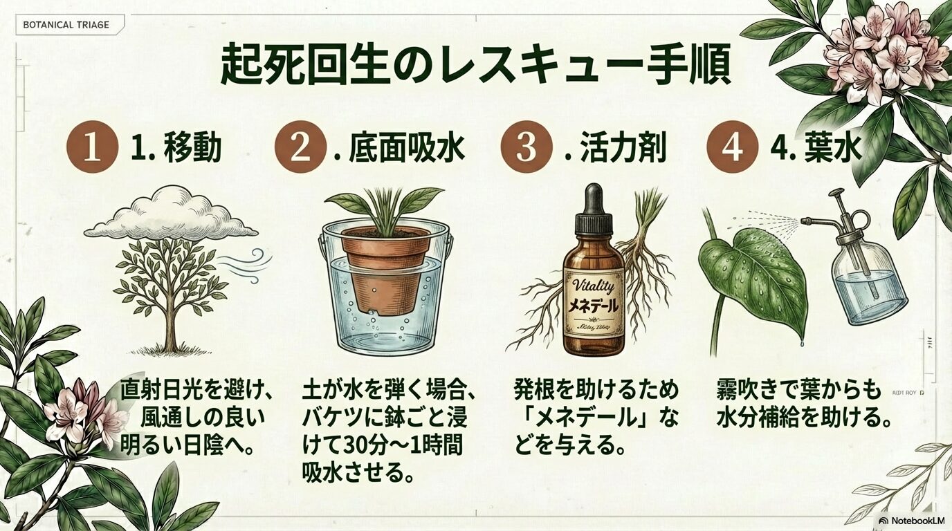 枯れかけたシャクナゲの起死回生レスキュー手順（底面吸水・活力剤）