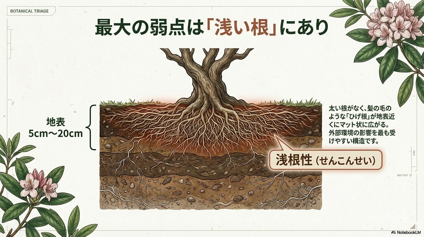 シャクナゲの浅い根の構造と脆弱性