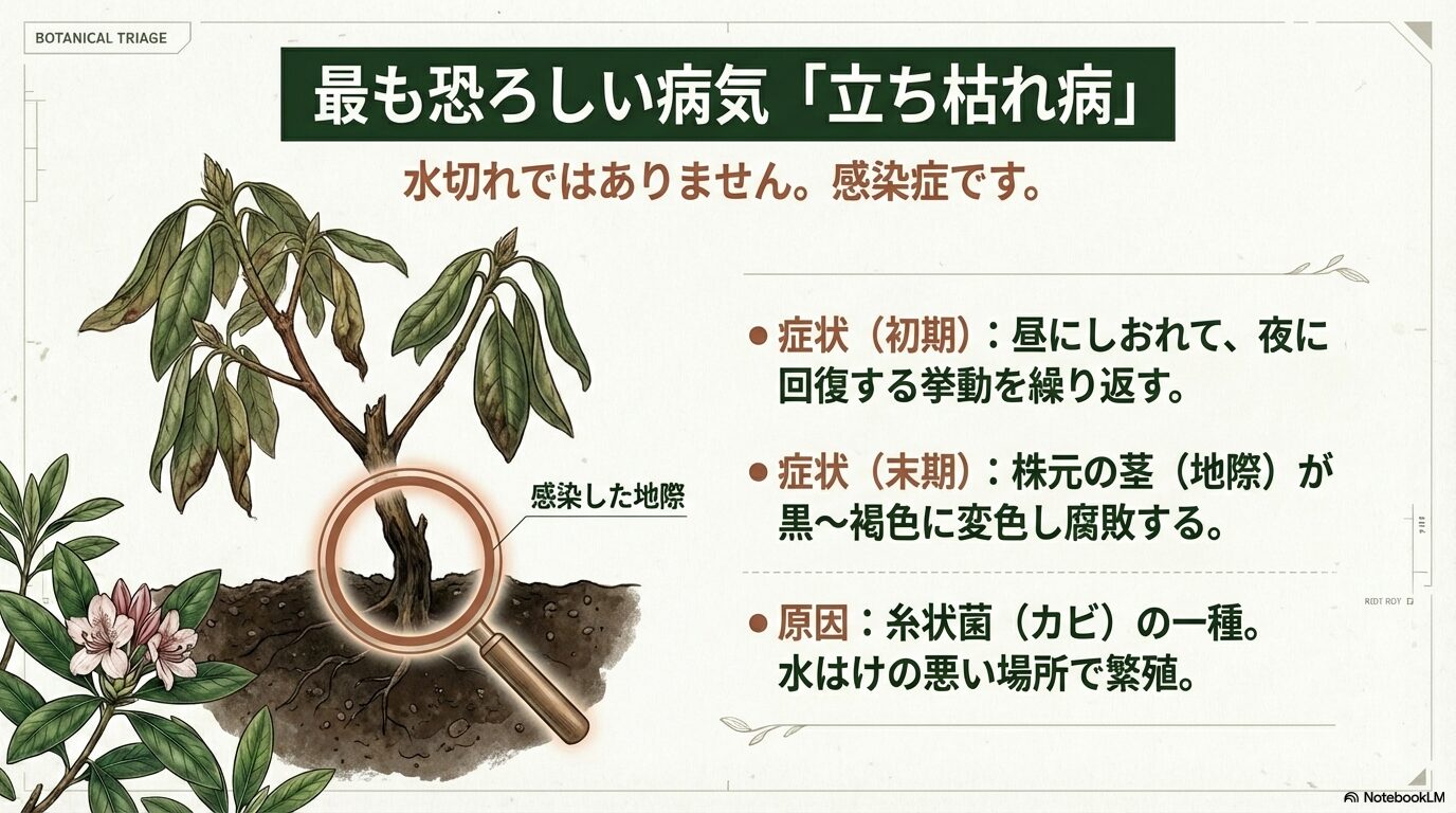 シャクナゲの立ち枯れ病の初期症状と末期症状
