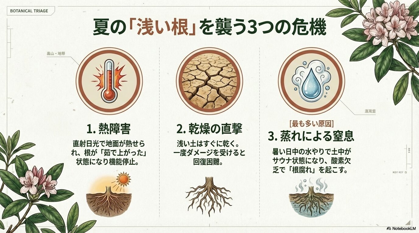 夏の浅い根を襲う熱障害・乾燥・根腐れの3つの危機