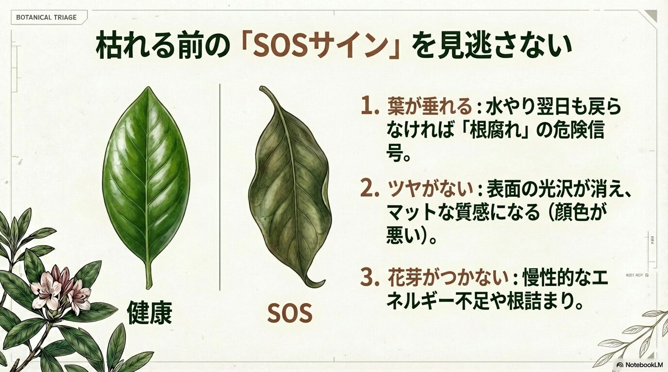 シャクナゲが枯れる前のSOSサイン（葉の垂れ・ツヤ消失・花芽なし）