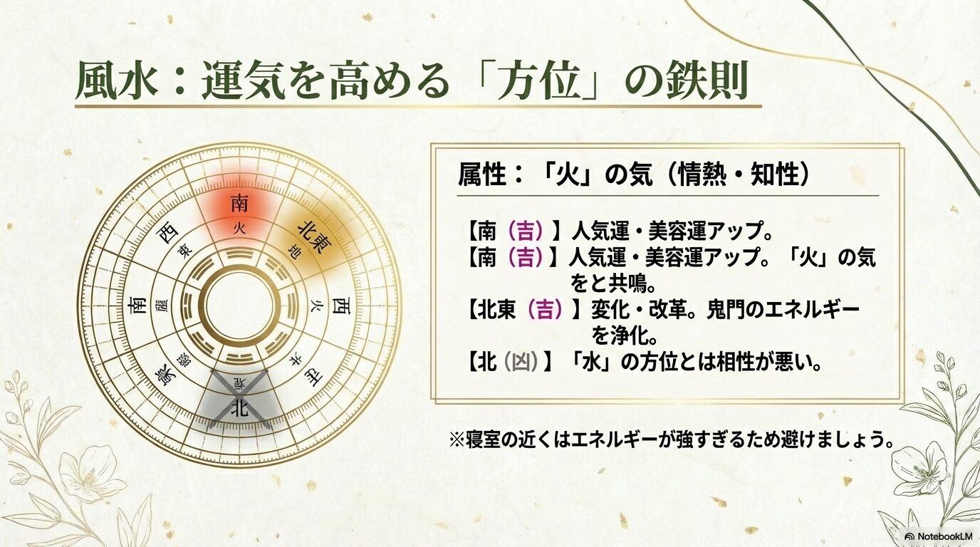 風水におけるムクゲの「火」の属性と、相性の良い南・北東、相性の悪い北の方位関係を示した方位盤