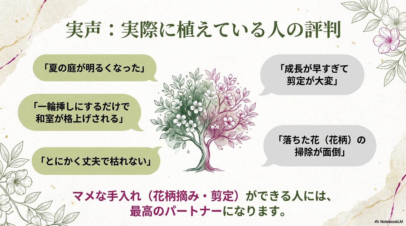「庭が明るくなった」「和室が格上げされる」という良い口コミと、「成長が早い」「掃除が面倒」というリアルな声のまとめ