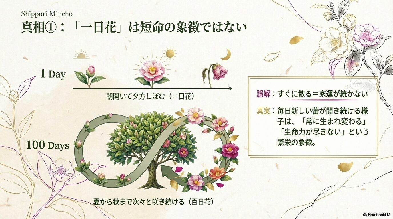 朝咲いて夕方しぼむ一日花としてのムクゲと、夏から秋まで咲き続ける百日花としての繁栄の象徴を図解