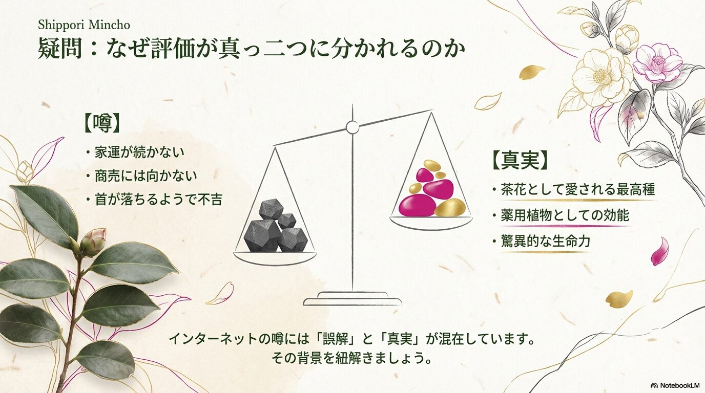 ムクゲが家運を下げると言われる噂と、茶花や薬用植物として愛される真実の対比図