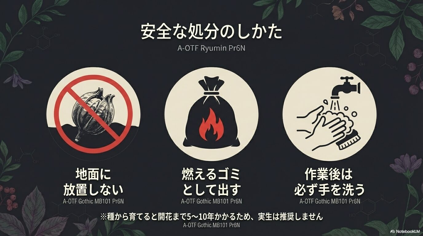 安全な処分のしかた。地面に放置せず燃えるゴミとして出し、手洗いをする。