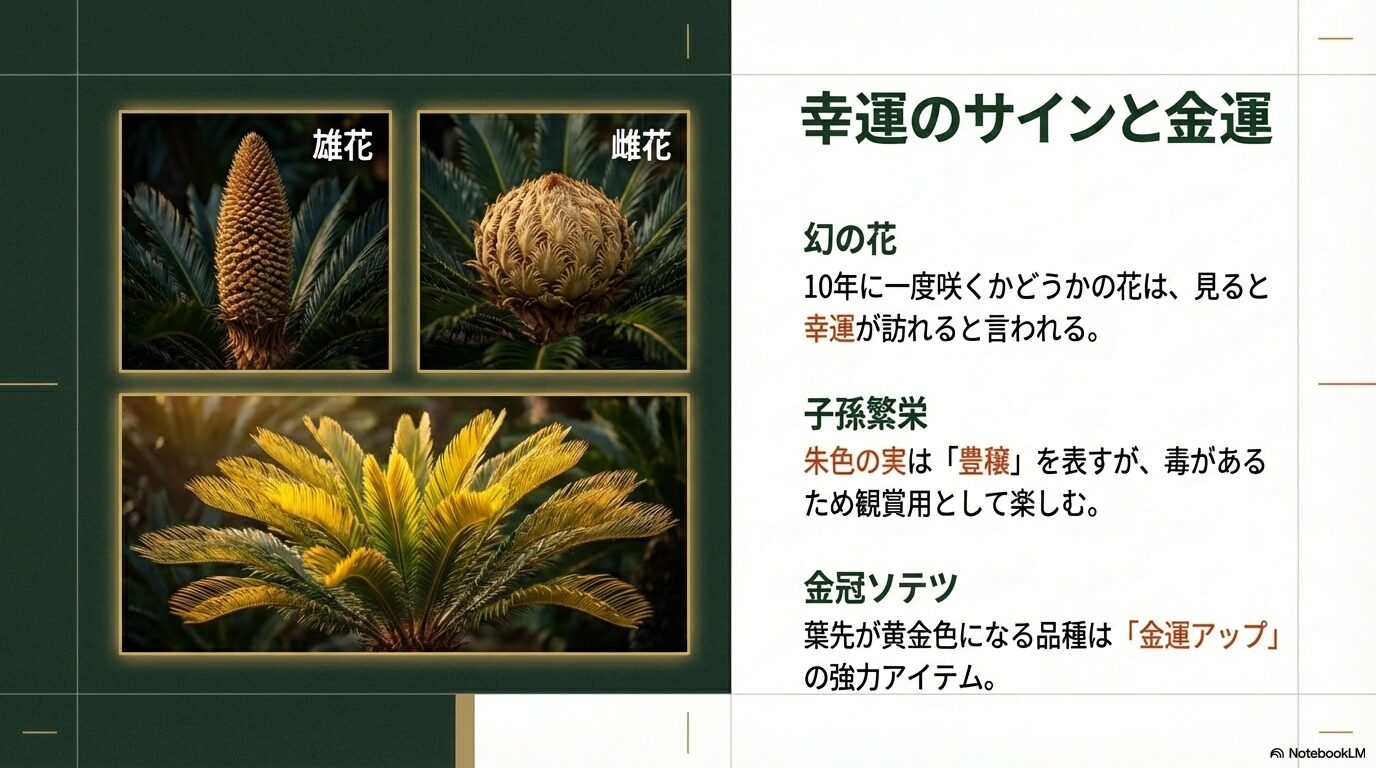 幸運の兆しとされるソテツの幻の花と金運・子孫繁栄を象徴する赤い実および金冠ソテツ