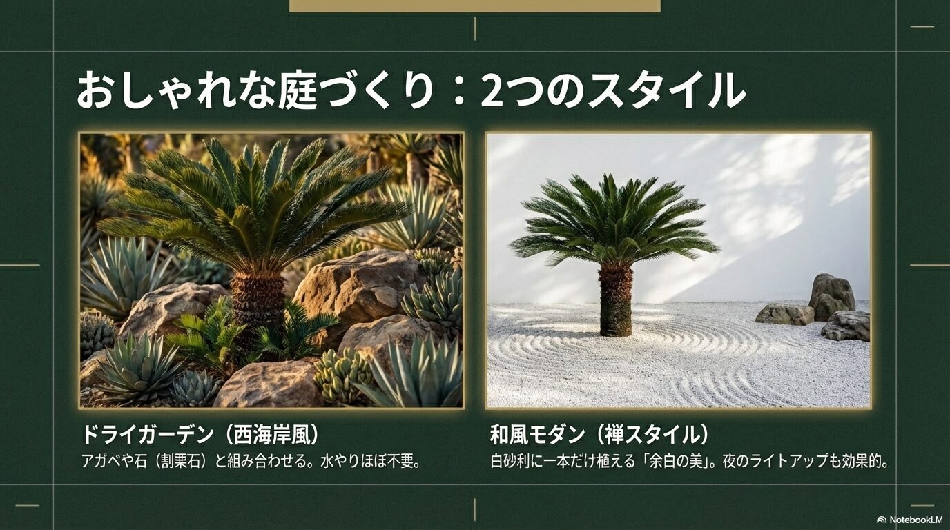 ソテツをおしゃれに見せるドライガーデン（西海岸風）とモダン和風（禅スタイル）の庭づくり実例