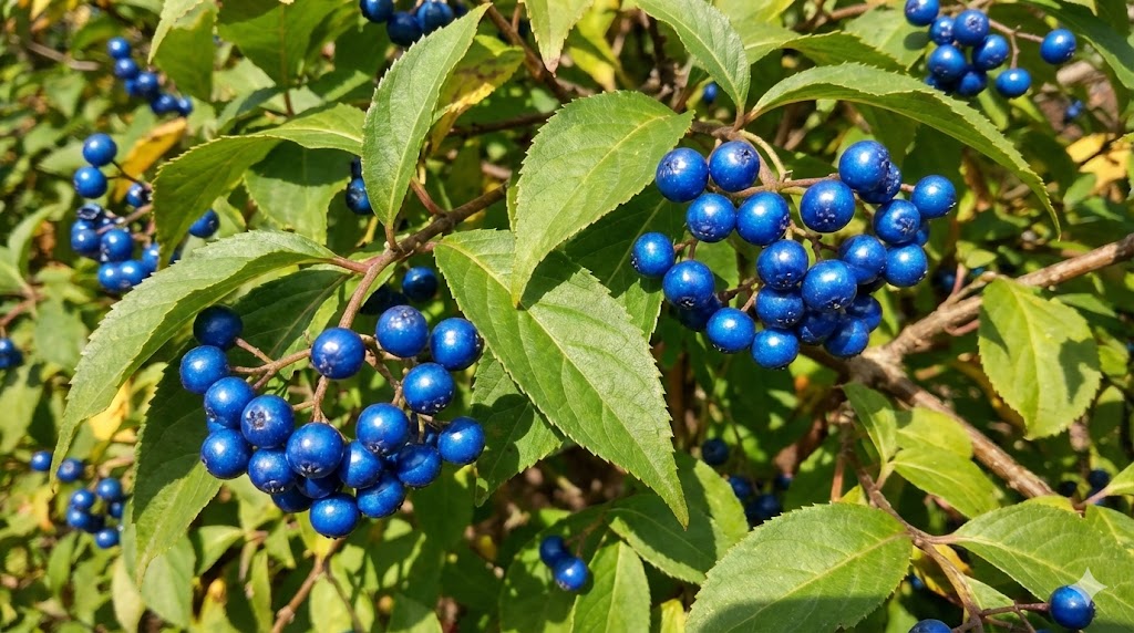 秋の庭で、房状にたわわに実った常山アジサイ（別名：碧の瞳）の実。サファイアのような深く美しい瑠璃色と自然な光沢が、常緑の葉の中で際立っている写真。