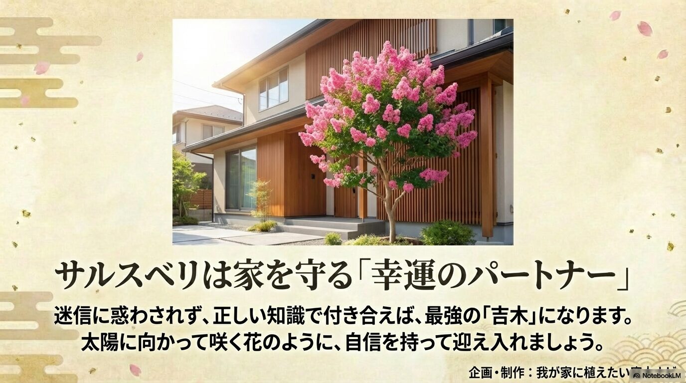 家を守る幸運のパートナーとしてのサルスベリのイメージ