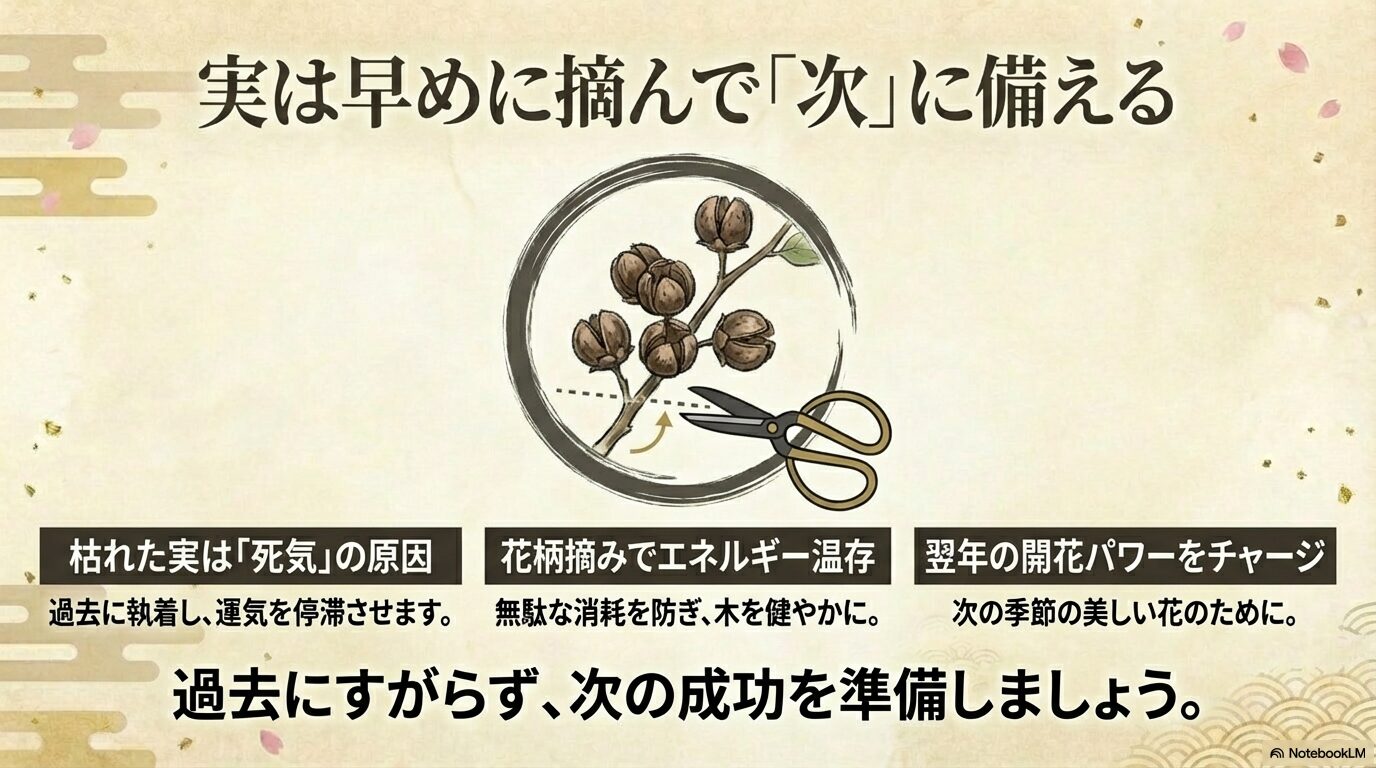 サルスベリの実の処理方法と翌年のためのエネルギー温存