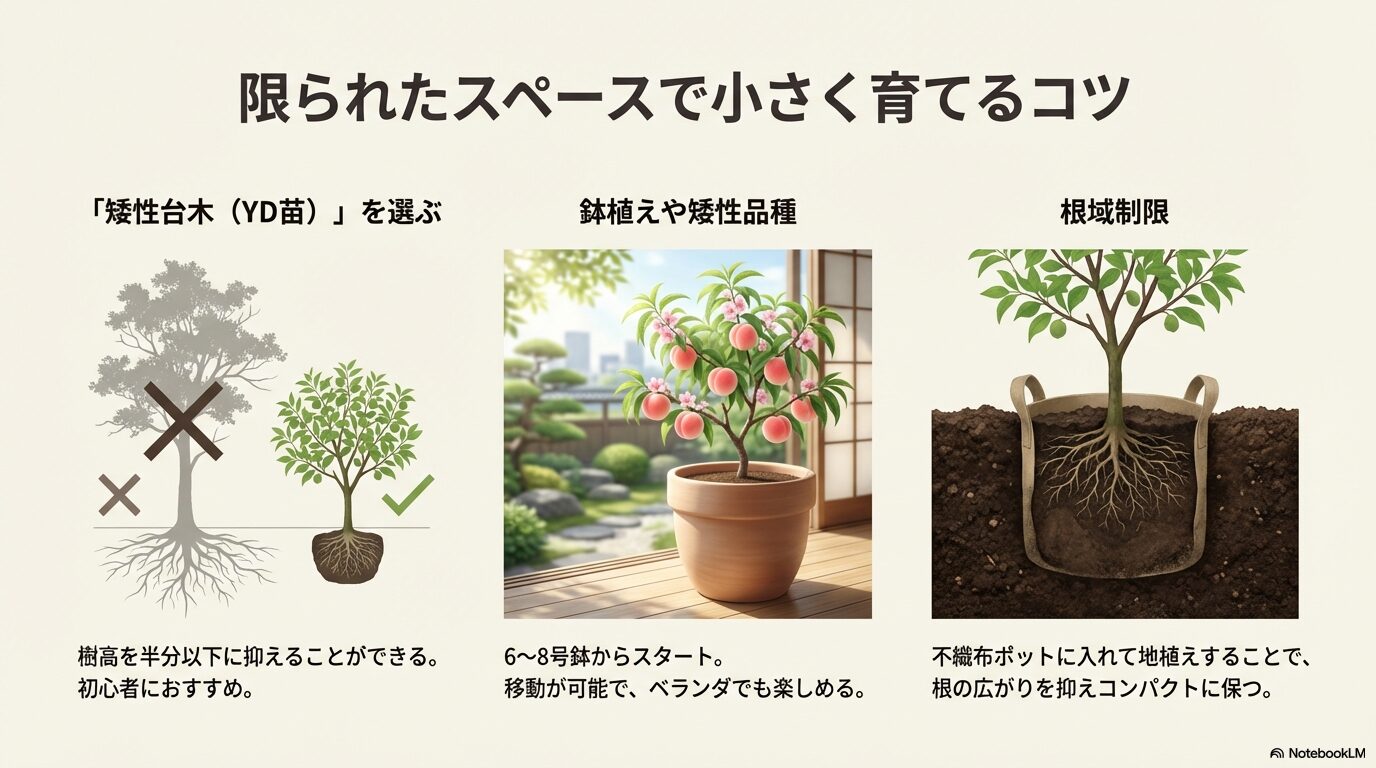 狭い庭やベランダでも桃を育てる方法。矮性台木（YD苗）の選び方や不織布ポットを使った根域制限栽培の図解。