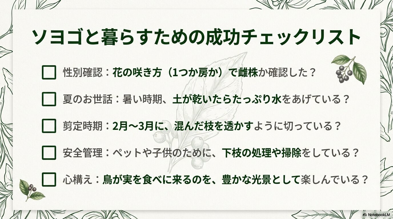 性別確認や水やり、剪定など、ソヨゴを上手に育てるためのポイントをまとめたチェックリスト