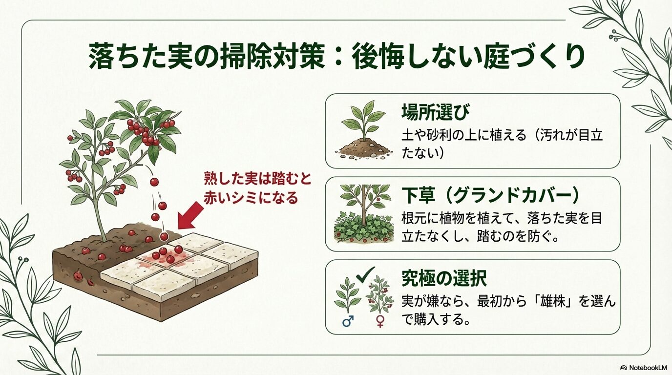 落ちた実による汚れを防ぐための植栽場所の選び方や、グランドカバーの活用法を解説したスライド