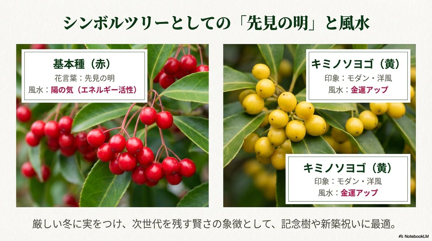 ソヨゴの花言葉「先見の明」や、赤い実とキミノソヨゴ（黄色い実）の風水的な意味を解説したスライド