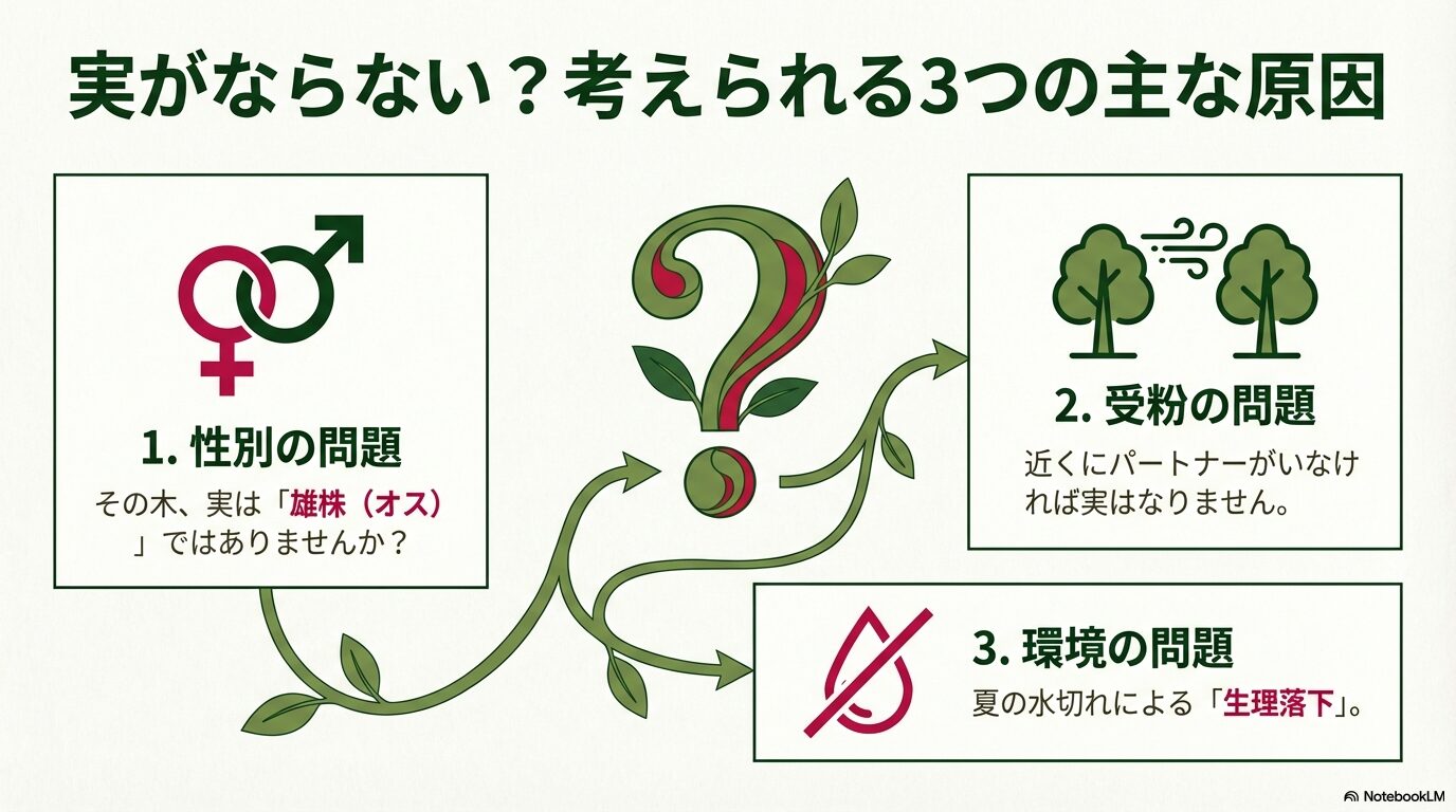 ソヨゴの実がならない原因として「性別」「受粉」「環境（水切れ）」の3点を挙げた概要スライド