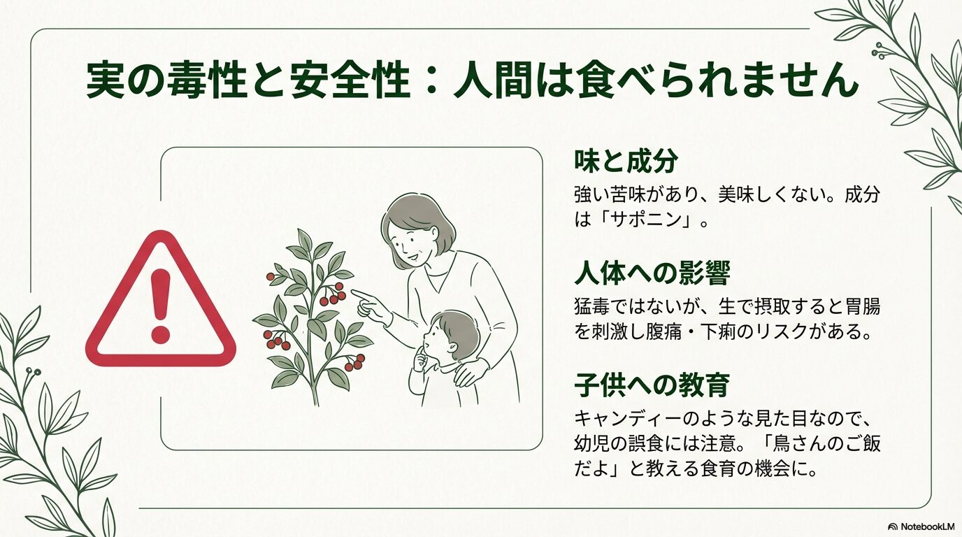 ソヨゴの実には苦味成分サポニンが含まれ、人間が食べると腹痛のリスクがあることを警告するスライド