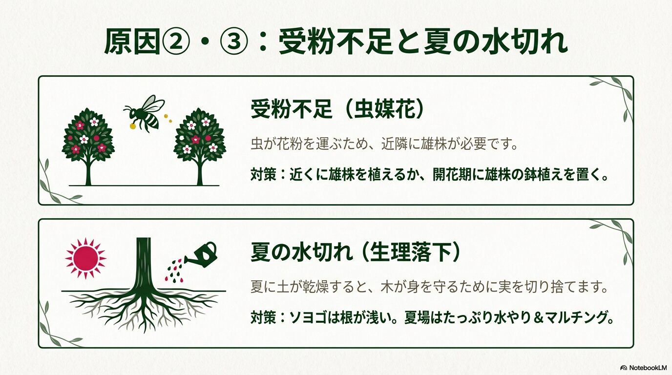 受粉に必要な雄株の存在と、夏場の乾燥による実の生理落下について対策と共に解説したスライド