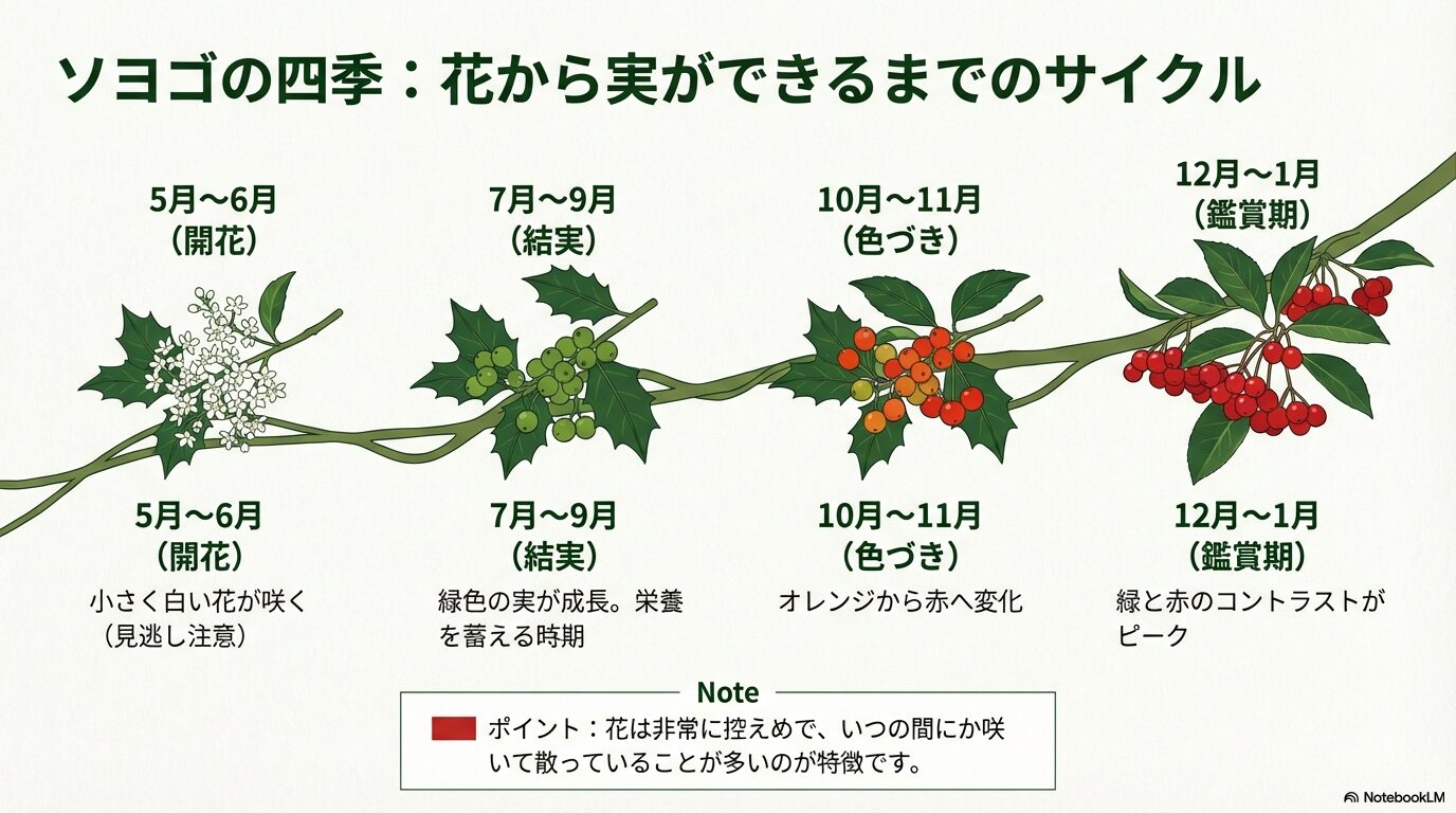 5月の開花から12月の鑑賞期まで、ソヨゴの実が成長し色づく過程を示した年間カレンダー