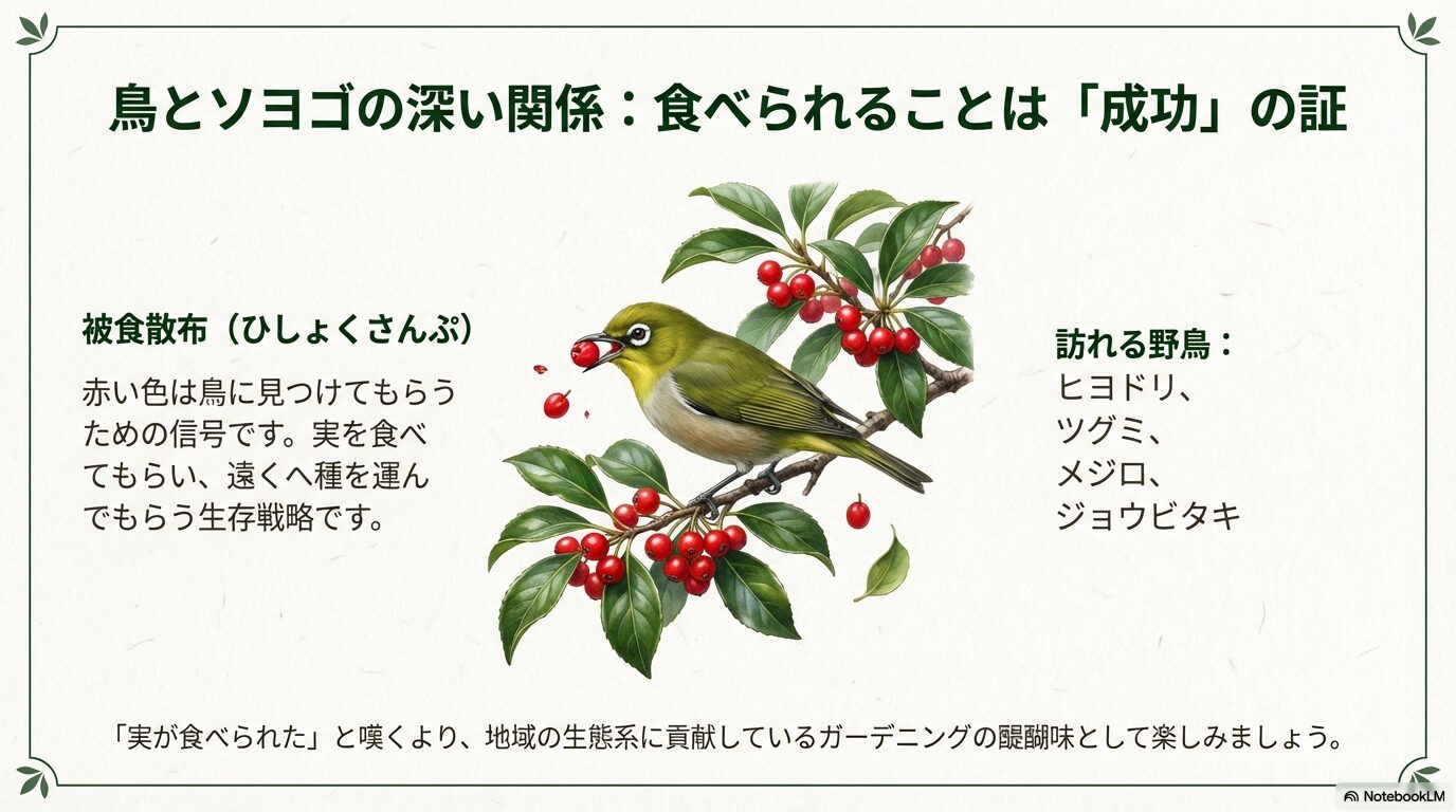 ヒヨドリやメジロなどが実を食べ、種を運ぶ「被食散布」の仕組みを解説したスライド