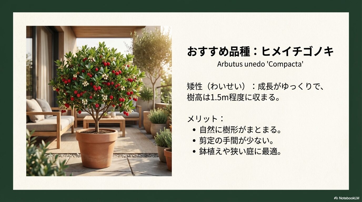 樹形がまとまりやすく鉢植えや狭い庭にも最適な矮性品種ヒメイチゴノキ