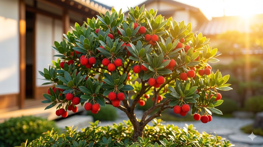 風水で吉方位とされる南や東の庭に植えられた、赤い実をつけるイチゴノキのイメージ