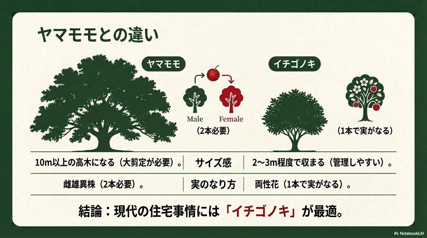 イチゴノキとヤマモモの雌雄同株と雌雄異株の違いやサイズ感の比較